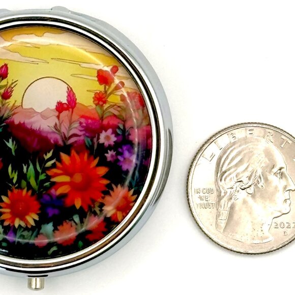 Sunrise Wildflower Meadow Floral Flowers 3 Compartment Purse Medicine Pill Box - Picture 3 of 4
